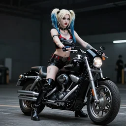 cosplay on black harley queen, high detail, high modernization, cinematic, dynamic lighting, full body, ultra mega super hyper realistic