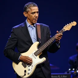 Barack Obama shredding on an electric guitar in the style of Jason Edmiston