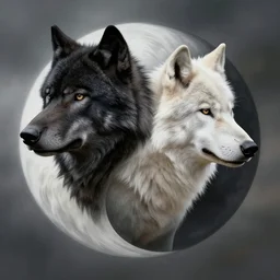 a realistic black wolf head and a white wolf head mixed into yin yang symbol, fantasy art