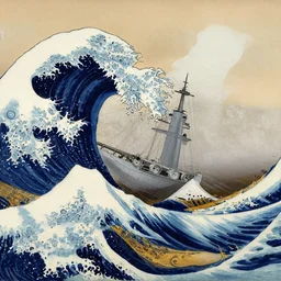 a hokusai painting masterpiece exposed in Paris : the french aircraft carrier le charles de gaulle sailing on the wave of hukusai This 4K HD image is Trending on Artstation, featured on Behance, well-rendered, extra crisp