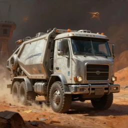 moebius and ralph mcquarrie style retro garbage truck futuristic sci - fi painting, star wars dune, the incal