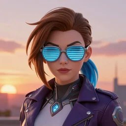 symmetry portrait of sombra from overwatch with light blue shutter shades in front of a sunset, a dark purple leather jacket, one side brown haircut with blue tips on the end, sci - fi, tech wear, glowing lights intricate, elegant, highly detailed, digital painting, artstation, concept art, smooth, sharp focus, illustration, art by artgerm and greg rutkowski and alphonse mucha