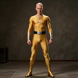 film still, full body shot of ian mckellen playing saitama dressed in the one punch man costume