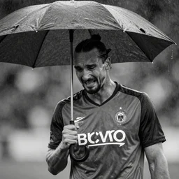 Black and white photo, Zlatan Ibrahimovic holding a broken umbrella and crying in the rain, hyper realistic, good shading