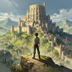 an ultra detailed matte landscape painting of the chosen one standing on a cliff overlooking a medieval capital built on top of many hills, italian renaissance architecture, extremely tall and strong young man with short brown hair as a shonen anime protagonist, epic anime fantasy, 8 k, volumetric lighting, smooth, highly detailed, digital illustration, art by kentaro miura and akira toriyama and artgerm