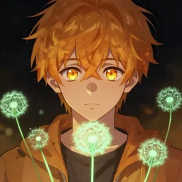 amber luminescent dandelion male anime character, symmetrical, highly detailed, digital art, sharp focus, trending on art station, amber eyes, autumnal colours