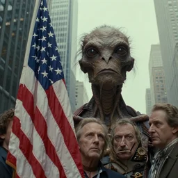 strange creature with american flag, next to skyscrapers, film still from the movie directed by denis villeneuve and david cronenberg with art direction by and h. r. giger, salvador dali, tim hildebrandt and zdzisław beksinski, close up