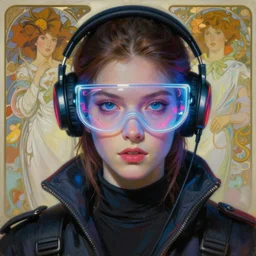 neon cyberpunk hacker with glowing geordi visor and headset headshot portrait painting by donato giancola, kilian eng, rhads, hayao miyazaki, alphonse mucha, mead schaeffer fashion photography