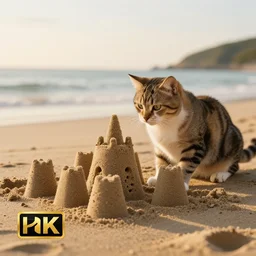 photo of a cat building a sandcastle on a beach, photorealistic, 8 k photo, golden hour, award winning editorialized