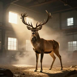 a great deer standing majestic in a large industrial room with small windows, golden light, thick mist effect, backlit, insane details, hyperrealistic photo by jimmy nelson, trending on artstation, unreal engine