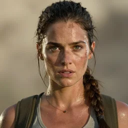 a film still of lara croft as cop, her face muddy and sweat, direct sun light, close up potrait, cinematic, subsurface scattering
