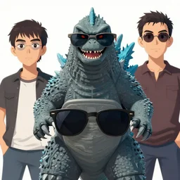 a cartoon godzilla with sunglasses in front of the camera by inio asano, beeple and james jean, aya takano color style, 8 k, super detailed, night sky, digital art, digital painting, celestial, majestic, colorful, front