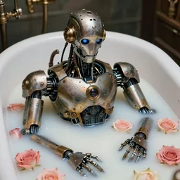 a beautiful intricate fine art portrait photo of a   a mechanical industrial steampunk cybernetic robot in milk bathtub, by tom bagshaw and zach sutton, roses floating on the milk, perfection!, milk bath photography,  studio lighting, 35mm lens, very detailed, bionic, cybernetic scifi, deep depth of field, artstation, 8K, highly coherent