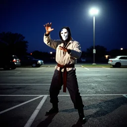 kodachrome photo, homeless sub zero from mortal kombat in a mask doing magic tricks, by bruce gilden, on a parking lot, overexposed, harsh flash, grainy, kodachrome, magnum photos