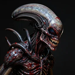 very terrifying cenobite xenomorph demon splattered with blood, portrait showing entire head, neo-expressionistic, maximalist, horror monster masterpiece, trending on DeviantArt, 4K resolution, hyperrealism, chiaroscuro, black background, in the style of Giger and Ralph Steadman and Da Vinci,