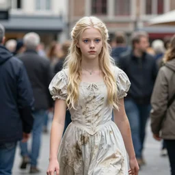 aristocratic platinum - blonde - haired hime - cut blue - eyed 1 9 - year - old princess wearing dirty clothes, walking through crowds in belgian town