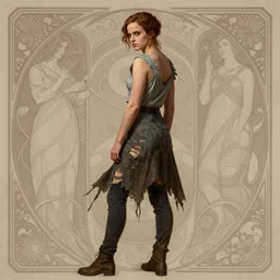 clear portrait of emma watson, somber appearance, ripped clothing, looking her shoulder, background hyper detailed, character concept, full body, dynamic pose, intricate, elegant, highly detailed, digital painting, artstation, concept art, smooth, sharp focus, illustration, art by artgerm and greg rutkowski and alphonse mucha