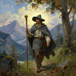 a man in a grey cloak and brimmed hat with a staff travelling trough the mountains with trees in the style of neo-romanticism, very detailed, colorful, oil painting, clouds