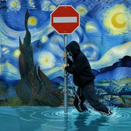 guy with black hoodie is chained to a stop traffic sign pole under water. under the sea. trying to get free. van gogh style