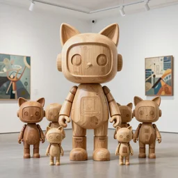 ultra realistic dream 8k octan advertising photo, totally wooden sculpture collection art toys on feet, very cute robot zen with cat ears ,cyberpunk a contemporary art gallery artworks