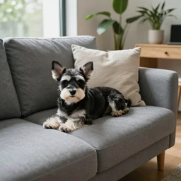 a small white - faced black dog, lying down on a grey sofa, light beige pillows, house plants and light wood furniture in the background, next to a window, modern house, indoors, dim yellow morning light, photograph, 4 k, shot on iphone, for a catalogue