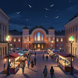 ultra realistic illustration and highly detailed digital render of a intricate busy street by the central railway station, inside helsinki, finland, 2 0 2 2, by greg rutkowski and makoto shinkai, nighttime, dark sky, twinkly stars, amazing sky, migrating birds in the sky, colorful street lamps along road, natural stone road, asian style vendors