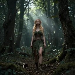 Photo of Claire Boucher, an elf, standing in a forest, fantasy RPG, dark woods in the background, Godrays peaking through the tree, 8k