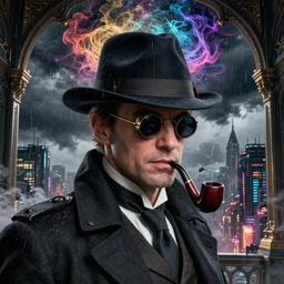closeup portrait of a noir steampunk detective with pipe, monocle, cape, a dark storm closes in over the city, rain, mist, smoke, intricate colorful cosmic smoke magic, baroque gothic victorian interior cyberpunk city vista, 8 k, art by steve mccurry, artgerm, andreas rocha, hiroshi nagai