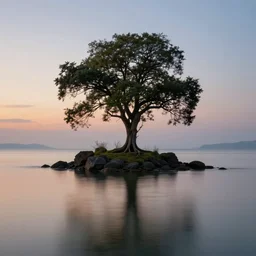 a beautiful landscape painting of a tree on an island in a tranquil sea, reflections, dawn, long exposure, hyper detailed, digital art, trending in artstation, cinematic lighting, studio quality, smooth render, unreal engine 5 rendered, octane rendered, art style by kurzgesagt and nixeu and ian sprigger and wlop and krenz cushart and kim jung gi and greg rutkowski