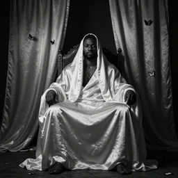 single Large black man sitting on throne wrapped in silk, background made of large folding silky curtains, dark, 8K photo realistic, black and white color, dimly lit, butterfly lighting, dark
