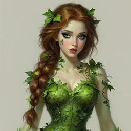 a stunning matte painting of ariel dressed as a beautiful poison ivy with hair tied in a braid, dark eyeliner, intricate, elegant, highly detailed, digital painting, artstation, concept art, sharp focus, illustration, art by artgem and jugendstil and greg rutkowski and alphonse mucha, pixv