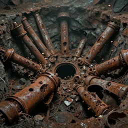 movie still of macerated, rusted, gutted, black hole machines, in mining pit, byalberto bontempi, shigeru komatsuzaki, wayne d barlowe, alex ross, simon bisley & boris vallejo, enric torres, hyper realism, cinematical, narrative light, muted colors, epic, hyper detailed, awe inspiring, award winning horror,