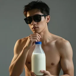 a beautiful portrait of an emotionally - detached bloke, being only in his underwear, wearing a pair of futuristic sunglasses, contemplating the jug of milk he's holding, photography, volumetric lighting, 8 k