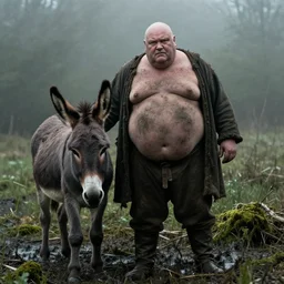a movie still by tarkovsky of one profil giant obese old bald man in dirty medieval clothes with one donkey in a swamp mossy, cinestill 8 0 0 t 3 5 mm eastmancolor, heavy grain, high quality, noir, natural textures, photorealistic, ambient occlusion, hd, mud, fog, criterion collection