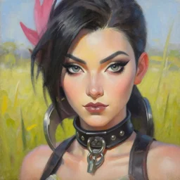 oil painting of tracer overwatch in a field, in style of mark arian, expressive face, very detailed face, wearing large detailed black choker, very detailed eyes, full body, feminine face, detailed makeup on eyes,