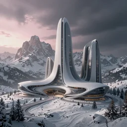 futuristic atmosphere in the snowy mountains dolomites 3 d concept art, cinematic lighting, pale pink sunset, rule of thirds, depth of field, intricate details, building by zaha hadid, stormy weather, emissary space by arthur haas and bruce pennington and john schoenherr, cinematic matte painting, dark moody monochrome colors, trending on artstation, featured on behance