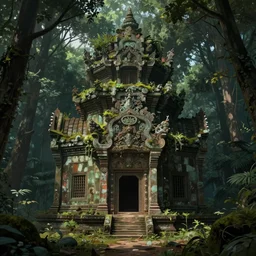 hyperdetailed isolated overgrown ancient temple in a dark forest. by greg rutkowski, highly detailed, digital painting, artstation, smooth, sharp focus illustration, artstation hq. intricate, elegant, 8 k, unreal engine. art by wlop and artgerm and alphonse mucha. dan mumford, tomokazu matsuyama, takato yamamoto