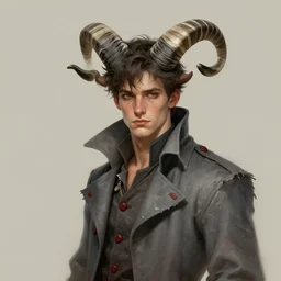 a triple a game concept art of a handsome young man with large curved backward imp horns on a head in tattered slate - gray collared coat with red buttons, black and white striped horns, art by cushart krentz and greg rutkowski, elegant, morandi color scheme, 8 k resolution, octane render, commission art