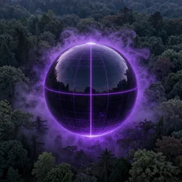A large black reflective sphere covered in glowing purple lines surrounded by a purple haze and reflective mist hovering over  a sprawling forest