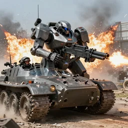 combat mech firing machine guns at oncoming enemy vehicle, destroying the driver smashing the glass, explosions, hyperdetailed hyperviolent hyperrealism photo - realistic lifelike photography vfx vfx vfx cgi 3 d render by gurney pennington artgerm octane yoji shinkawa victo ngai hyperrealism photo - realistic