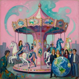 abstract expressionism oil painting intertwined with a mutant biomorphic biological biogeometric structure, hot pink and teal, cinematic graded palette. animal spirit guardian carousel and angryteenager gang climate protestors saving the world painted jean - leon gerome, homer tanuka, james jean, mead schaeffer. trending on pinterest. influences from dean cornwell, greg tocchini, alphonse mucha, akira