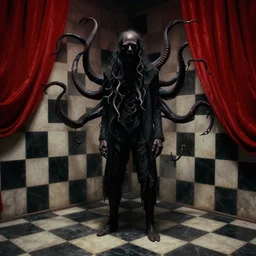 extremely detailed movie shot portrait of a dark bizarre figure standing in the corner of a checkerboard checkerboard room by denis villenueve, yves tanguy, lovecraft, roger dean, amano, david lynch, closeup, tentacles, dynamic composition, rich moody colours, crimson drapes
