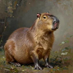 a capybara wearing medieval clothing, oil painting, 1981