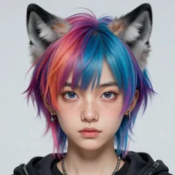character concept art of a cute cyberpunk boy with colorful hair and wolf ears and freckles | | cute - fine - face, pretty face, key visual, realistic shaded perfect face, fine details by stanley artgerm lau, wlop, rossdraws, james jean, andrei riabovitchev, marc simonetti, and sakimichan, trending on artstation