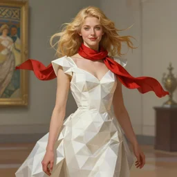 museum curator, light gold hair, splendid white polygonal designer dress with triangle patterns, red silk scarf, body portrait, slight smile, windy, highly detailed, digital painting, elegant, digital painting, elegant, masterpiece, trending on artstation, pixiv, concept art, sharp focus, illustration, art by wlop and alphonse mucha and artgerm and james jean and miho hirano