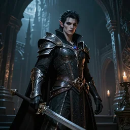 Beautiful art portrait of a fantasy vampiric warrior in a dark mystical castle setting, unreal 5, DAZ, hyperrealistic, octane render, dynamic lighting