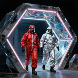 two scientists wearing red and silver hazmat suits, entering the geometric neon crystal dimensional gateway by frank frazetta