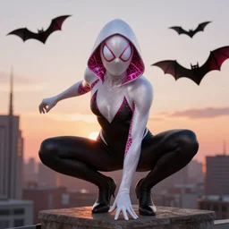 Marvel Comics Spider Gwen Battles The Hobgoblin, bats, sunset, volumetric lighting, hyperrealistic, beautiful details, HDR, octane render, action shot, wide angle, bokeh, Yasushi Niarasawa Moebius Jim Steranko Style