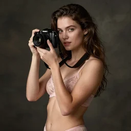 Amazing girl in underwear holds a camera, fine art portrait photography by Sarah Moon