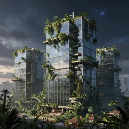 a beautiful very detailed rendering of nature abandoned building city in - law suite industrial architecture architecture by jacob van ruisdael, scumm bar futuristic junglepunk made of glass reclaimed by nature nightsky at night cosmic assassin's creed at dusk, archdaily, wallpaper, highly detailed, trending on artstation.